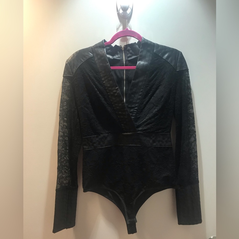 Bebe grace lace faux leather bodysuit top